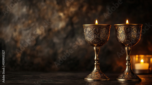 Chalices with candles used during the Mass to honor the saints with copy space for all saints' day background banner. photo