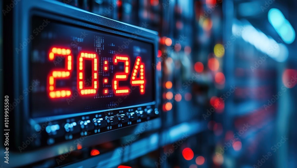 Digital Clock Display on Server Rack with LED Interface and Tech Components, Highlighting Modern Technology Precision Digital Clock Display on Server Rack with LED Interface and Tech Components, Highlighting Modern Technology Precision