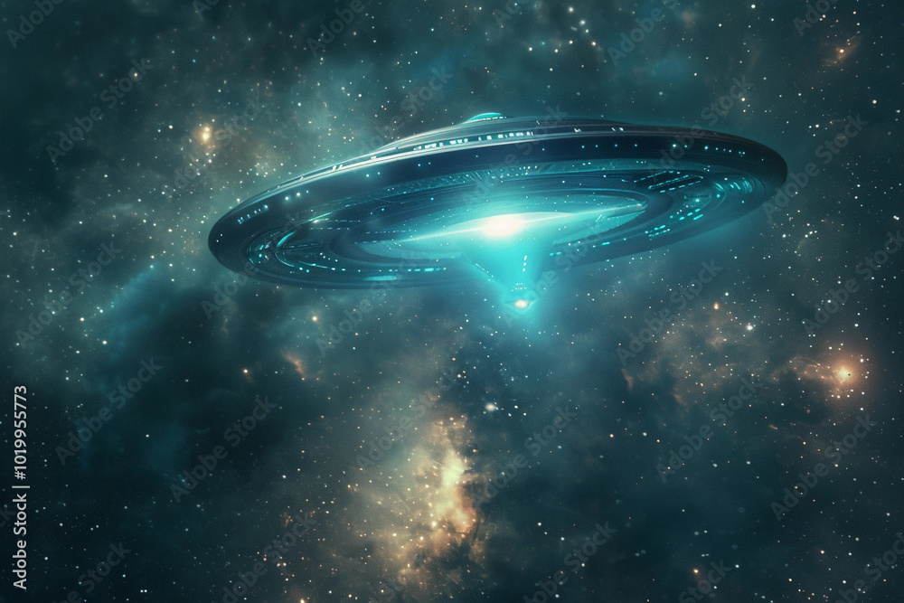 Iron oval UFO saucer hovering over beautiful landscape in dramatic sky Iron oval UFO saucer hovering over beautiful landscape in dramatic sky