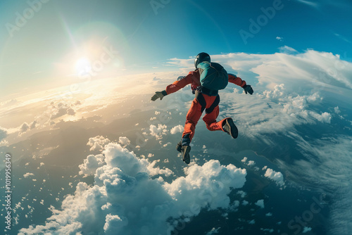 Parachutist with parachute makes heavenly adventure against backdrop of landscape