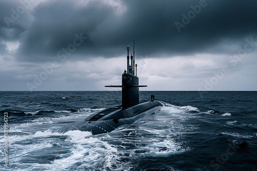 Beautiful large submarine floating in middle of ocean during mission