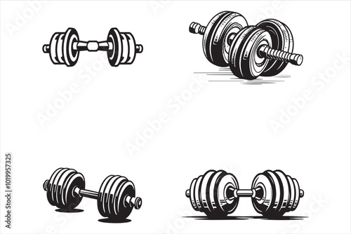 Set of illustrations of weightlifting barbells and dumbbells' . Design element for logo, label, sign, emblem, banner. Vector illustration