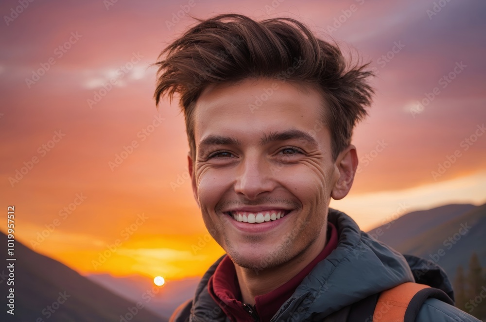 Happy young Caucasian man smiling against sunset backdrop Happy young Caucasian man smiling against sunset backdrop
