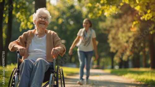 Elderly Woman in Wheelchair Smiling in Park with Young Woman