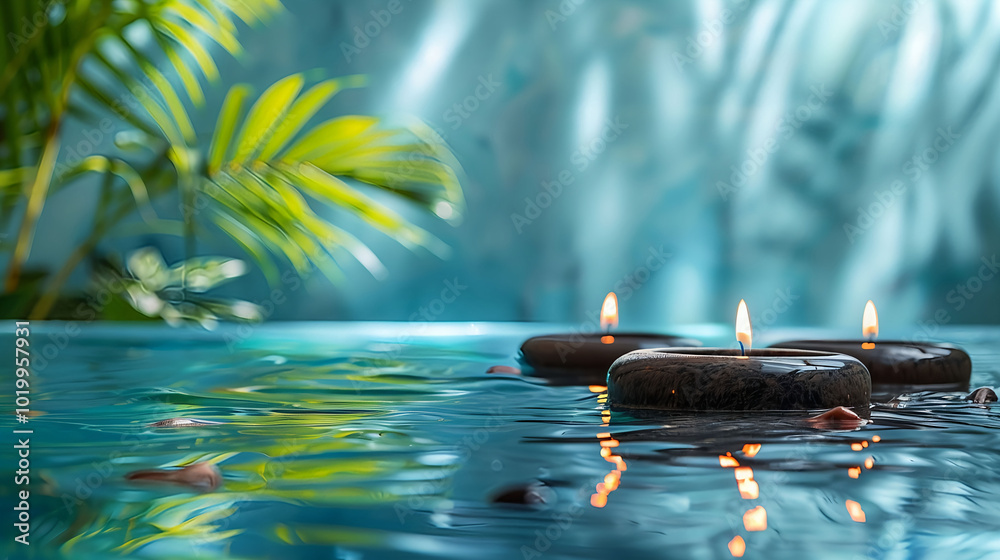 A serene scene of three candles floating on top of a body of water. Concept of relaxation and tranquility. Spa, water wellness background. A serene scene of three candles floating on top of a body of water. Concept of relaxation and tranquility. Spa, water wellness background.