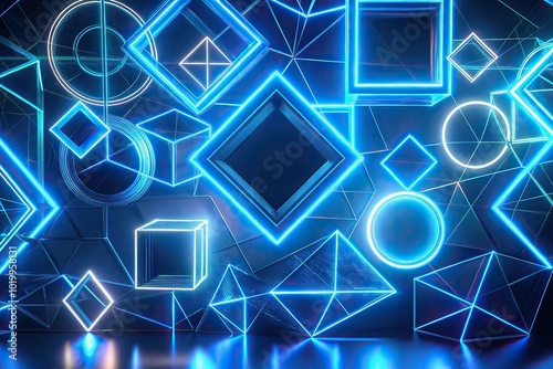 Blue geometric shapes with neon highlights