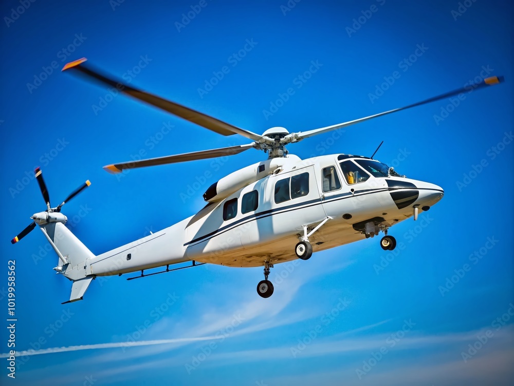 Fototapeta premium Sleek white hawk helicopter soaring against a clear blue sky, showcasing its powerful design and features