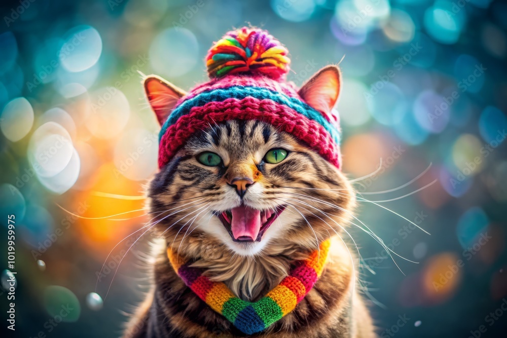 Funny Happy Cat in Knitted Hat - Cute Pet Photography for Cat Lovers Funny Happy Cat in Knitted Hat - Cute Pet Photography for Cat Lovers