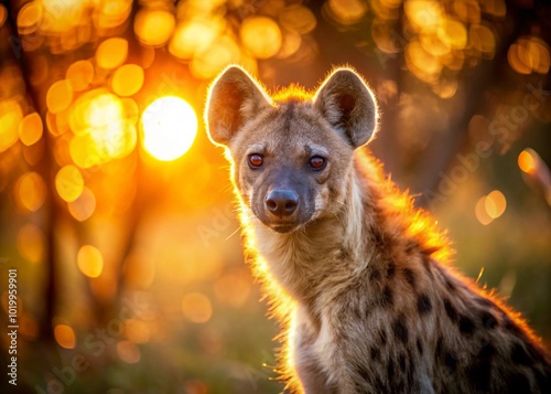 Wildlife Photography of a Walking African Hyna in its Natural Habitat Fur Shinning in Golden Hour photo