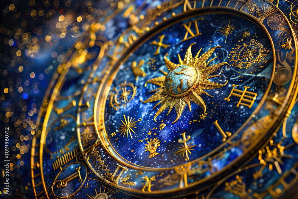 Fototapeta premium Astrological composition with zodiac circle in signs and symbols