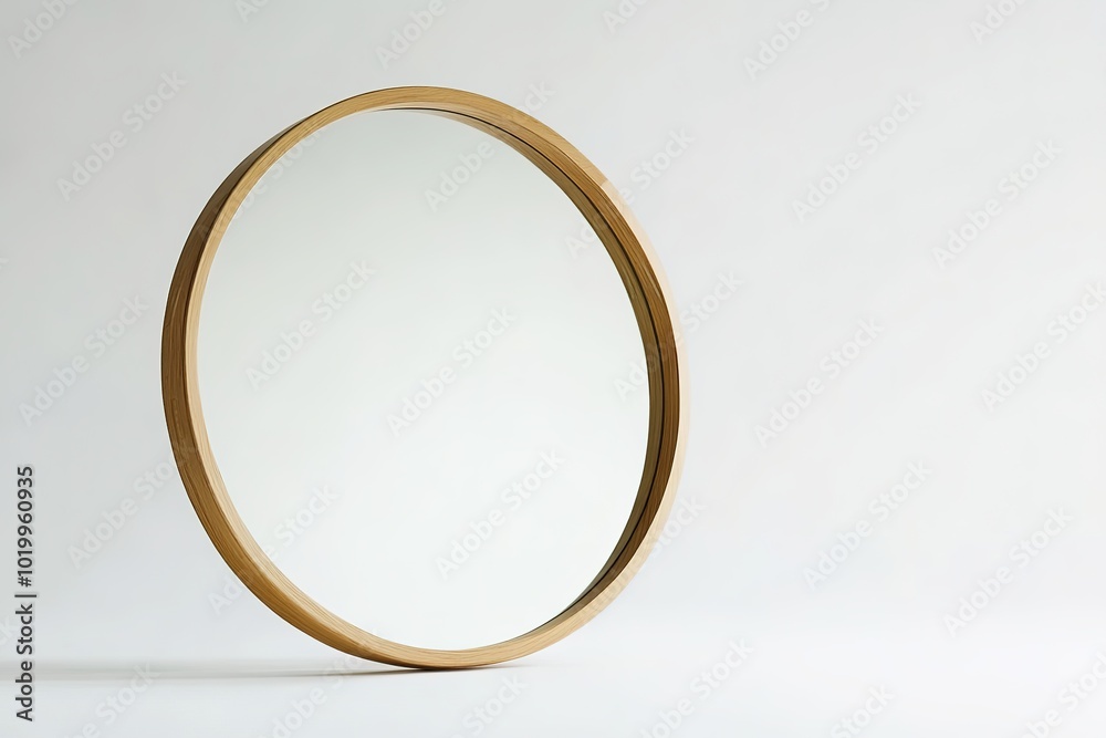 Minimalist round mirror on plain wall, space for text Minimalist round mirror on plain wall, space for text