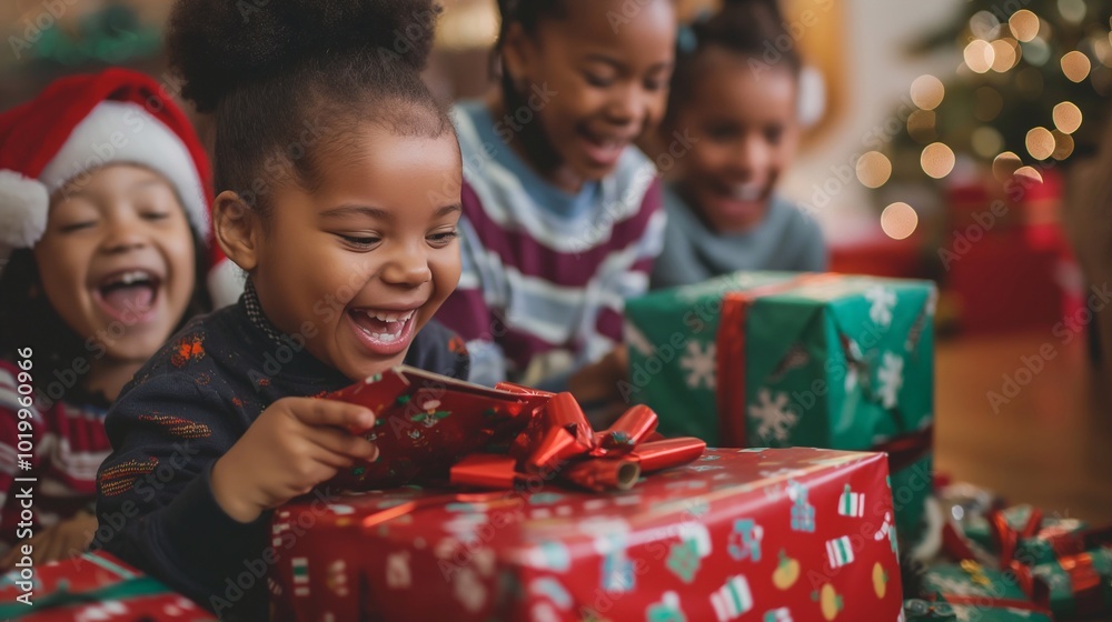 Happy black smiling girl is laughing while opening a christmas present, surrounded by friends and family in front of a decorated christmas tree. Happy New Year and Merry Christmas at home Happy black smiling girl is laughing while opening a christmas present, surrounded by friends and family in front of a decorated christmas tree. Happy New Year and Merry Christmas at home