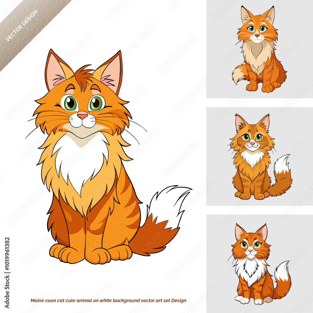 Fototapeta premium Cute Maine Coon Cat Vector Art Set Design on White Background