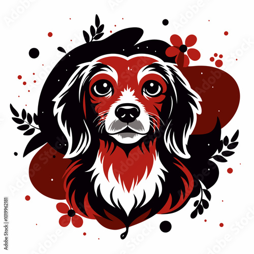 Creative t-shirt print featuring a striking red and black dog illustration with floral elements