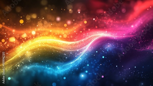 Abstract background with colorful glowing particles and waves.