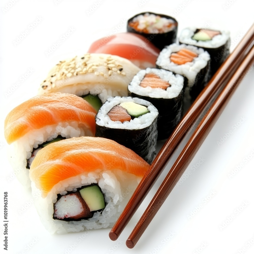 Assorted Fresh Sushi Selection Held with Chopsticks, Isolated on white Background Assorted Fresh Sushi Selection Held with Chopsticks, Isolated on white Background