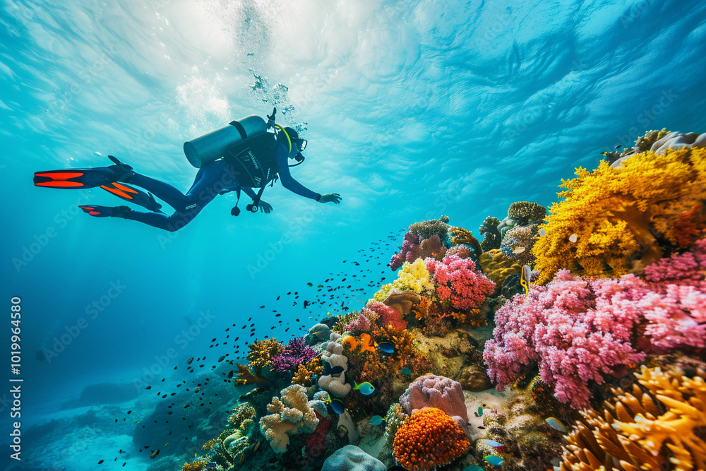 Fototapeta premium Beautiful diver goes on an underwater adventure in frighteningly deep sea