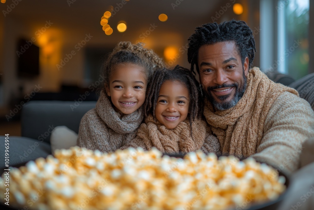 A family enjoying a movie night together in a cozy living room, popcorn on the table. Generative AI A family enjoying a movie night together in a cozy living room, popcorn on the table. Generative AI