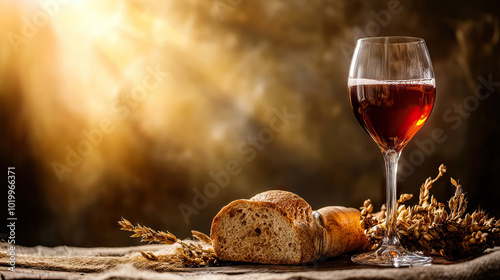 Bread and wine on grunge background with sun rays and copy space symbolizing the Eucharist for all saints' day background banner.