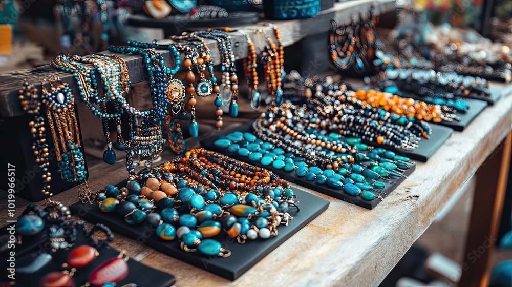 Obraz premium Colorful Beaded Necklaces and Bracelets Displayed on a Wooden Table