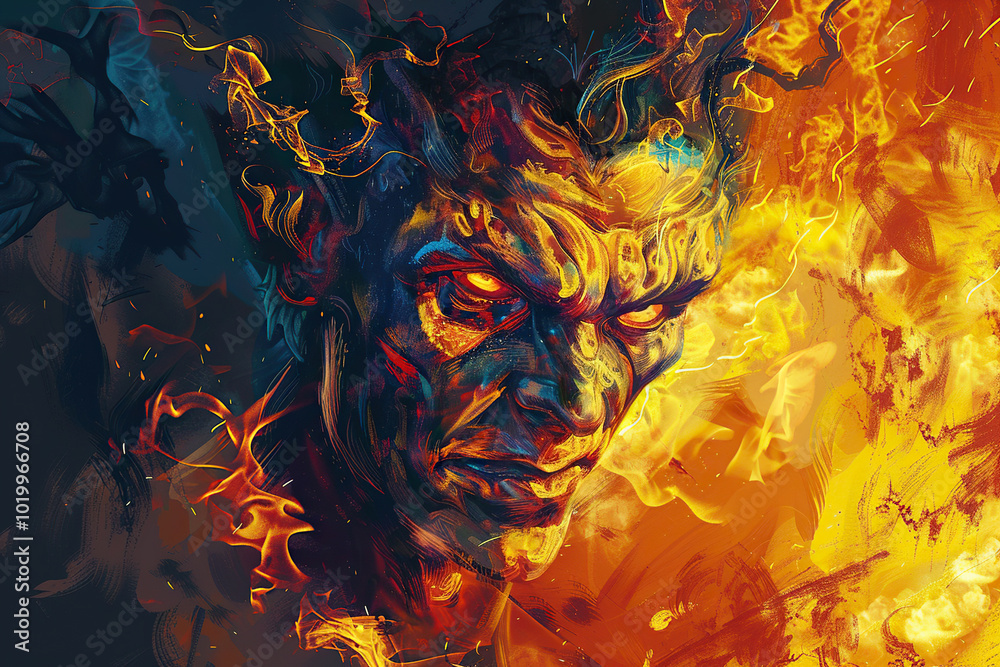 Scary sinister devil is in hell with dramatic fire lighting on the background Scary sinister devil is in hell with dramatic fire lighting on the background