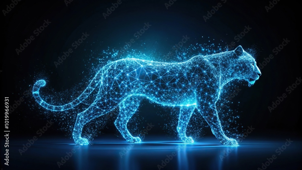 Blue glowing panther made of particles on a dark background Minimalist Blue glowing panther made of particles on a dark background Minimalist