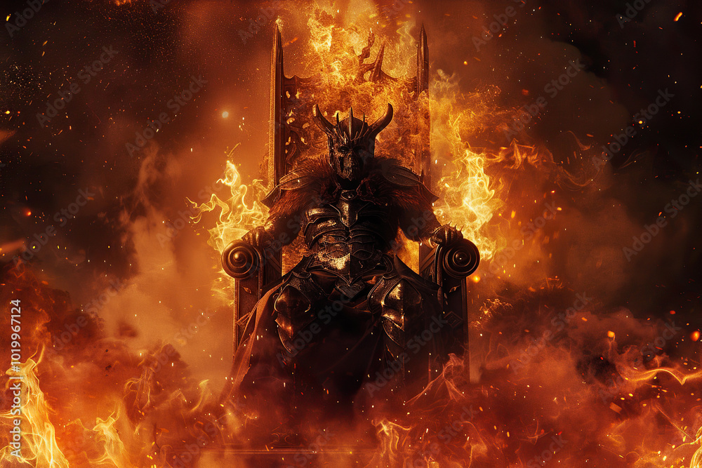 Scary sinister devil is in hell with dramatic fire lighting Scary sinister devil is in hell with dramatic fire lighting