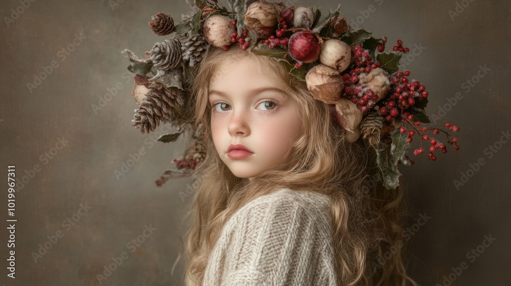 A young girl wearing a wreath of berries and pine cones A young girl wearing a wreath of berries and pine cones