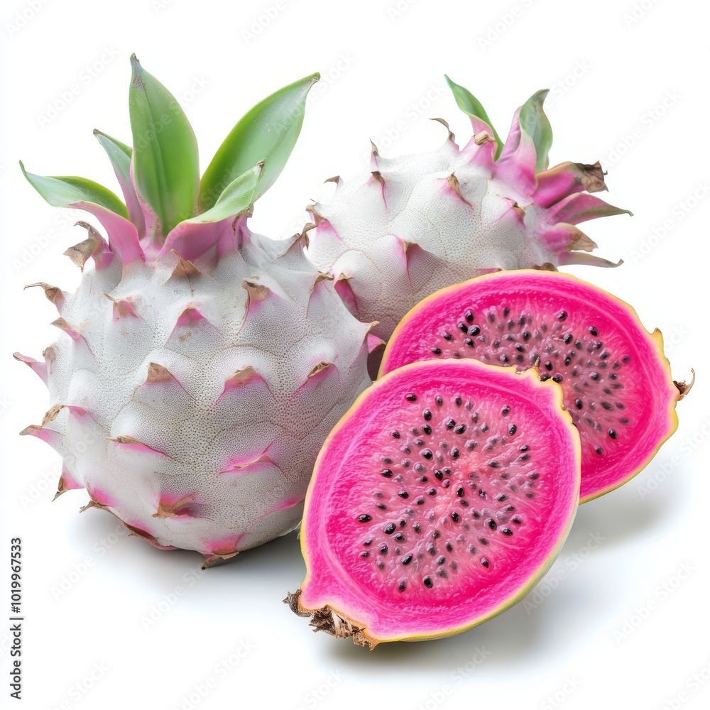 Dragonfruit, whole fruit and half, isolated on a white background Dragonfruit, whole fruit and half, isolated on a white background
