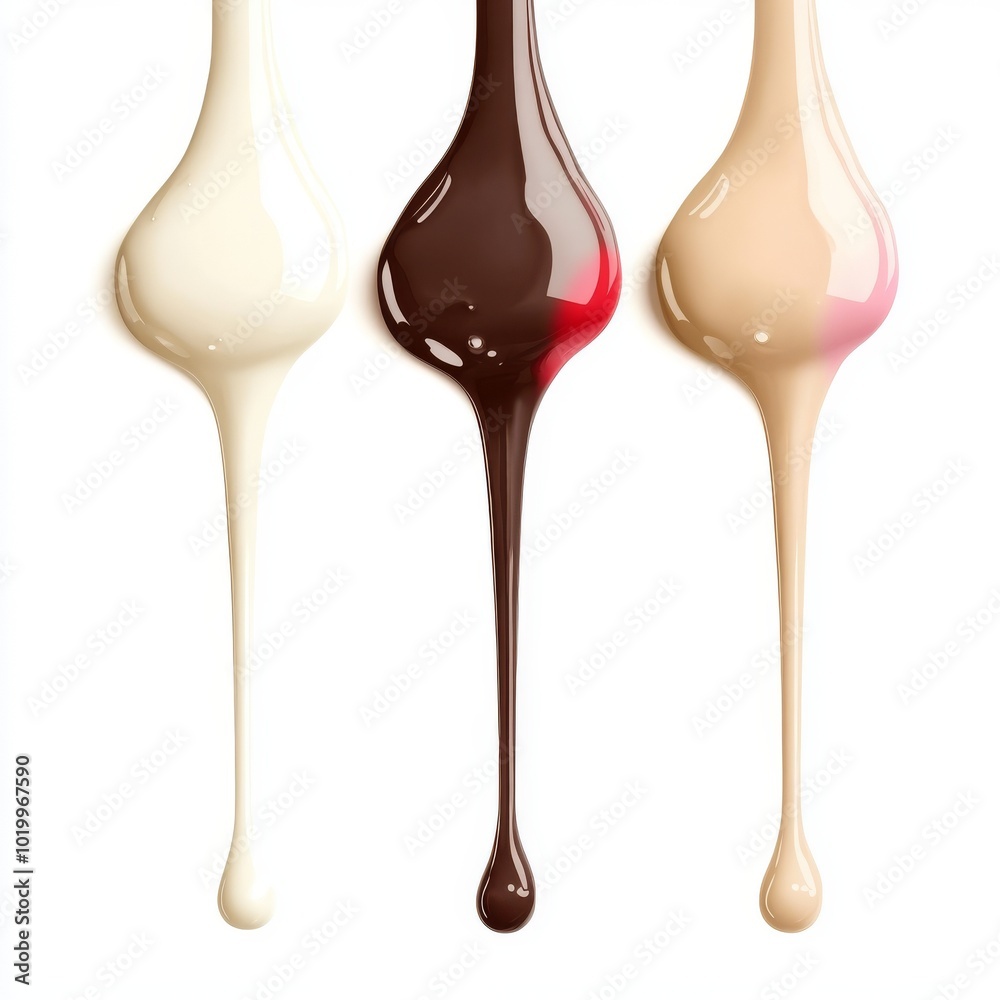 Dripping milk collection in different flavours, vanilla, chocolate and strawberry, isolated on a white background Dripping milk collection in different flavours, vanilla, chocolate and strawberry, isolated on a white background