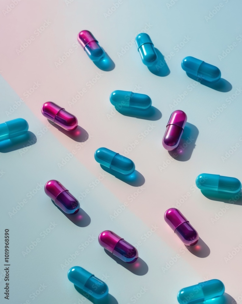 Colorful Capsules on Blue and Pink Background. Colorful Capsules on Blue and Pink Background.