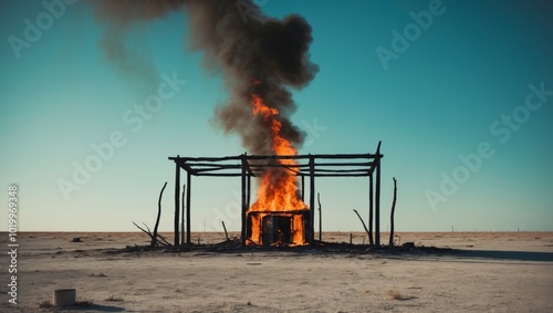 Apocalyptic Landscape with Burning Structure.