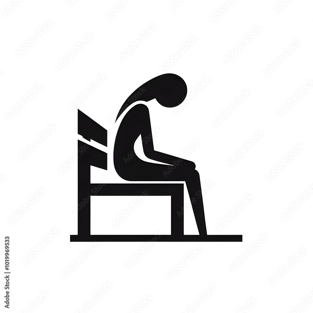 icon of a sad and lonely woman sitting alone on a bench seat, her body slumped and head tilted down