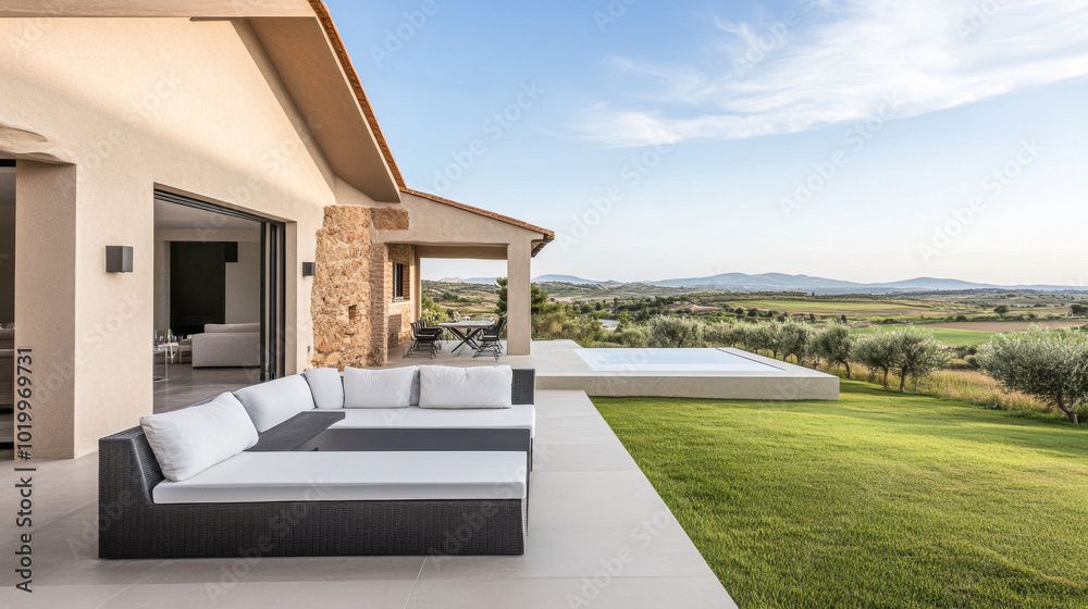 Modern outdoor lounge area overlooking rolling hills and a serene pool on a sunny day