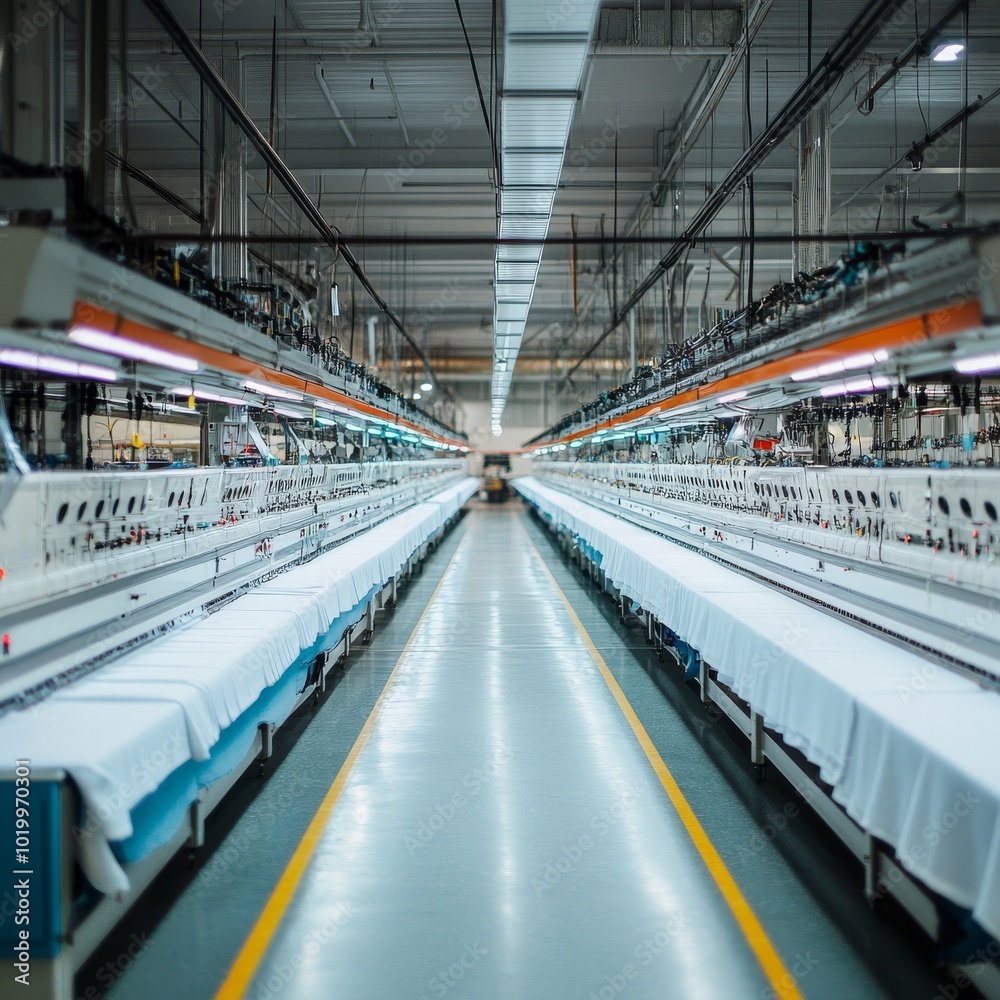 In a clothing factory, rows of embroidery machines stitch white cloth at high speed In a clothing factory, rows of embroidery machines stitch white cloth at high speed
