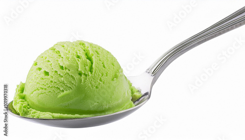 Single creamy syrup scoop of Green pista nuts cold sweet ice cream or sorbet made with fresh juicy pista