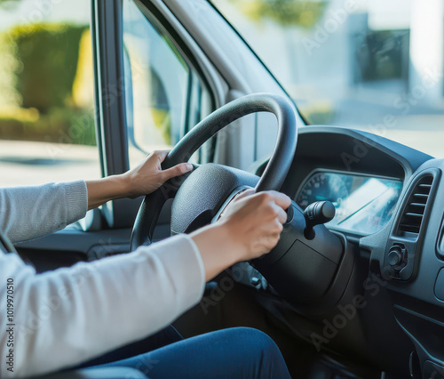 Close-up of a person driving a delivery truck. photo