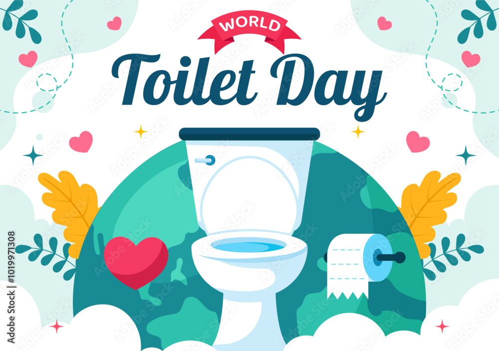 Naklejka premium World Toilet Day Vector Illustration on November 19, featuring Earth and Bathroom Hygiene Equipment for Awareness in a Flat Style Cartoon Background