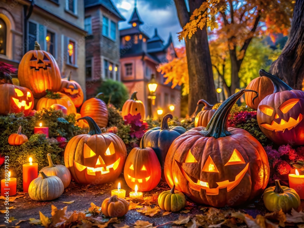 Fototapeta premium Spooky Vintage Halloween Photos Featuring Jack-o'-Lanterns, Bats, Ghosts and Haunted Decorations