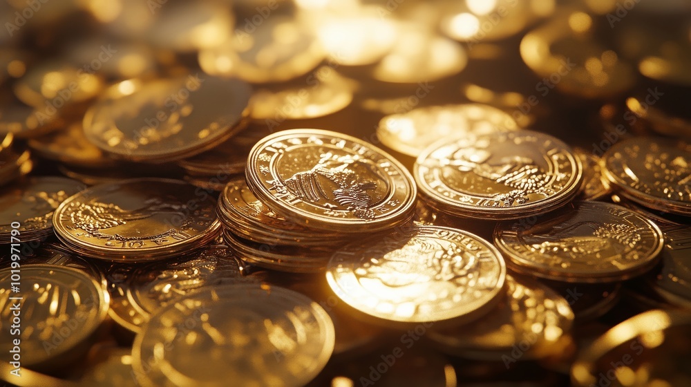 A Close Up View of Piled Golden Coins Glimmering Brightly A Close Up View of Piled Golden Coins Glimmering Brightly