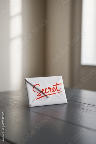 Confidential small envelope featuring the word secret written on it placed on a table.