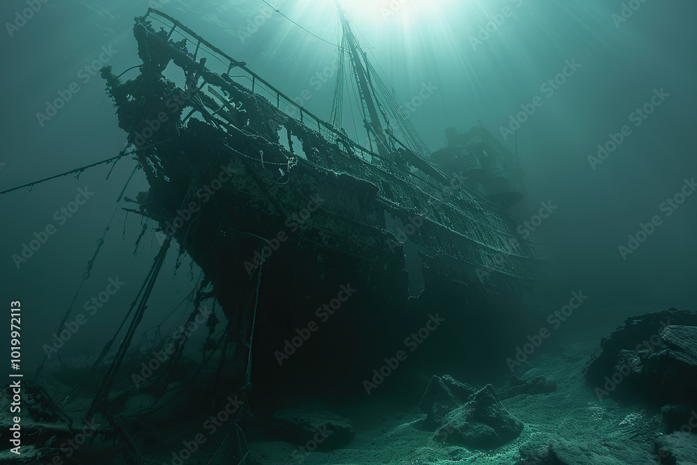 Underwater view of an sunken ship on seabed with fish swimming around Underwater view of an sunken ship on seabed with fish swimming around