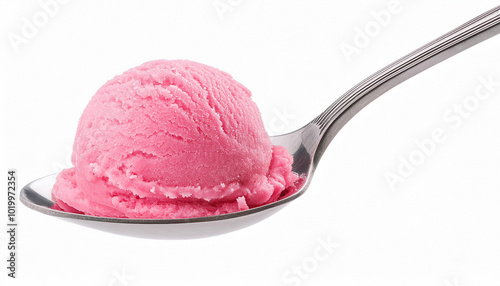 Single creamy scoop of pink cold sweet ice cream or sorbet made with fresh juicy raspberries