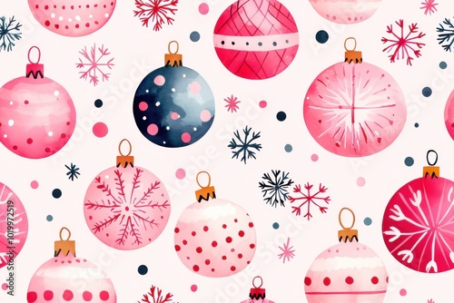 Colorful Christmas ornaments on a light background, festive design.,Seamless pattern
