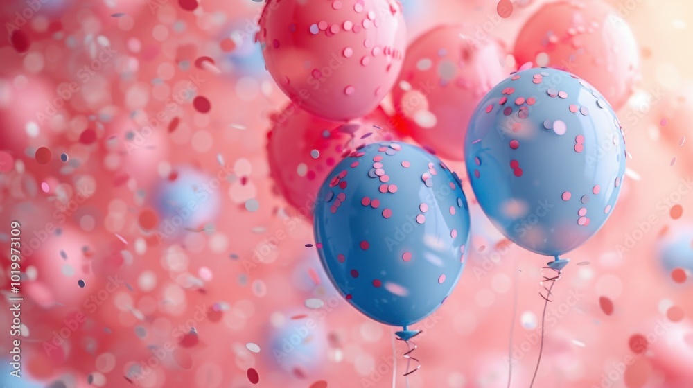 Blue ribbon with confetti, soft pink background, soft color balloons, calming and joyful composition. Blue ribbon with confetti, soft pink background, soft color balloons, calming and joyful composition.