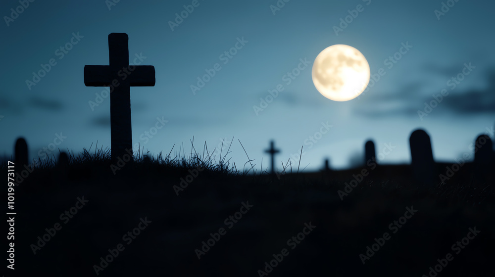Gravestones silhouetted against a full moon in a dark, eerie night sky. Gravestones silhouetted against a full moon in a dark, eerie night sky.