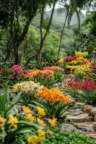 different Orchids outdoor in garden. natural