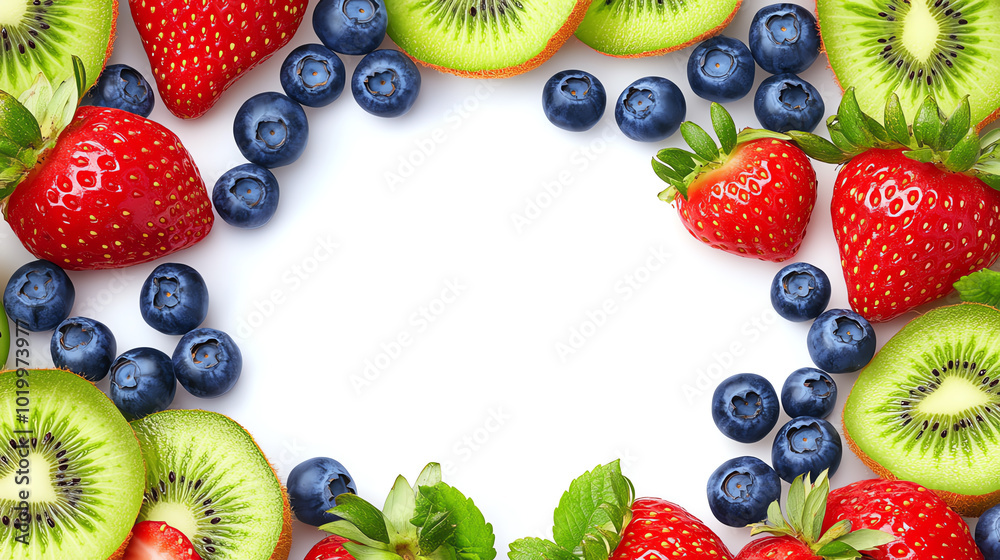 A vibrant arrangement of fresh strawberries, blueberries, and kiwi fruits on a white isolated background, perfect for healthy lifestyle themes or culinary designs.