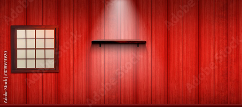 Red wood texture spotlight background with window and shelf 