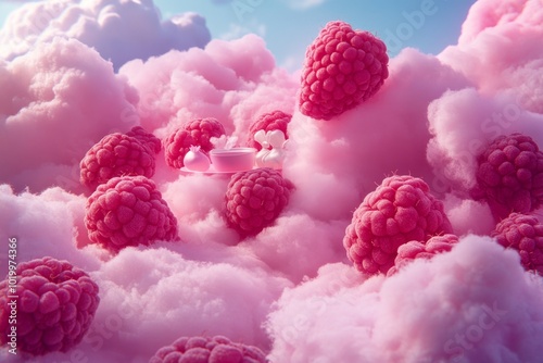 A dreamy landscape filled with fluffy pink clouds and vibrant raspberries. This whimsical style captures a sweet and playful atmosphere. Perfect for creative projects. Generative AI photo